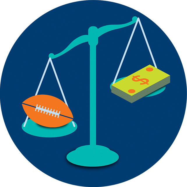 A justice scale balances a football and a stack of dollar bills