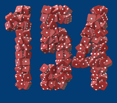 The number 154 made with red dice.
