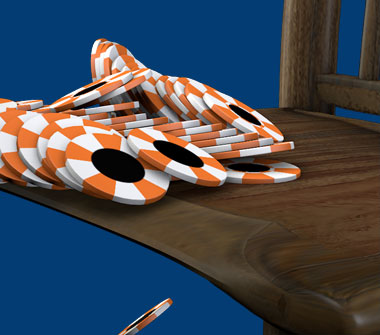 Poker chips falling off a wooden chair.
