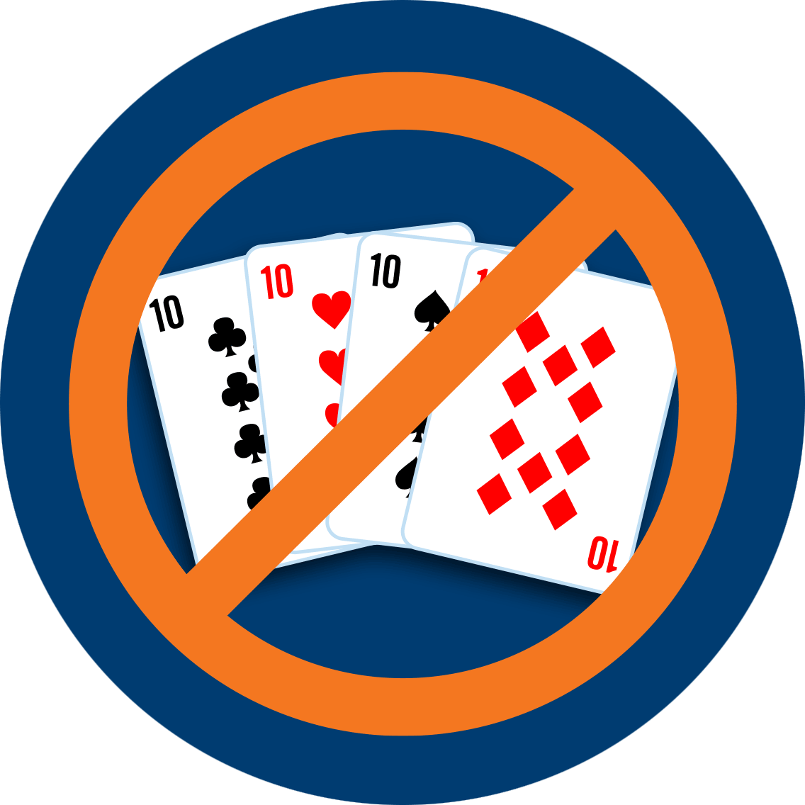 A 10 of clubs, hearts, spades and diamonds, crossed out with the international prohibition sign.