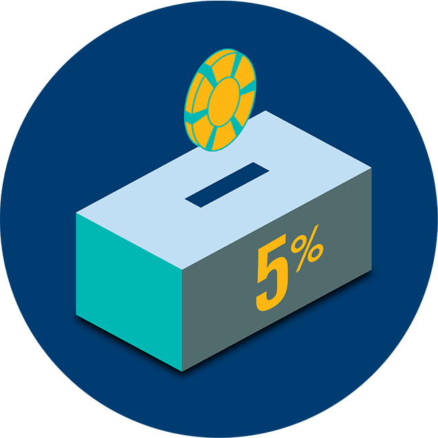 A poker chip dropping into the slot of a box labelled 5%, crossed out with the international prohibition sign.