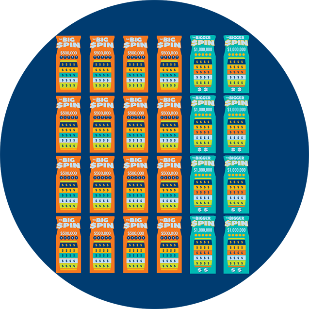 Multiple Big Spin and Bigger Spin instant tickets are shown. Four rows of orange tickets and two rows of teal tickets.