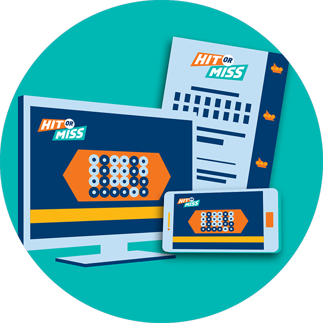 Ordinateur de bureau, fiche de sélection et appareil mobile présentant le jeu HIT OR MISS.