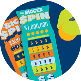 A hand is shown holding a coin in front of the Big Spin and Bigger Spin instant tickets.