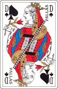 A French Queen of Spades with “Pallas” on it.