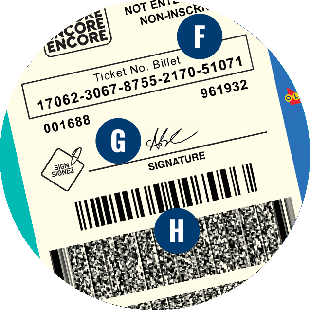 A LOTTO MAX ticket. F is over the ticket number. G is over the signature line. H is over the bar code.