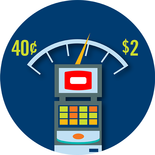 A gauge above a TAP ’N PLAY cabinet showing a price range from 40¢ to $2.