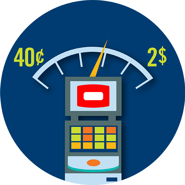 Un instrument de mesure au-dessus d’une machine TapTix montrant des montants qui varient de 0,40 $ à 2 $.