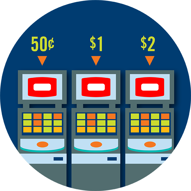 三台 TAP' N PLAY 櫃 機並排放著。三台櫃 機上從左至右寫著投 注金額分別為 50¢， $1 和$2。