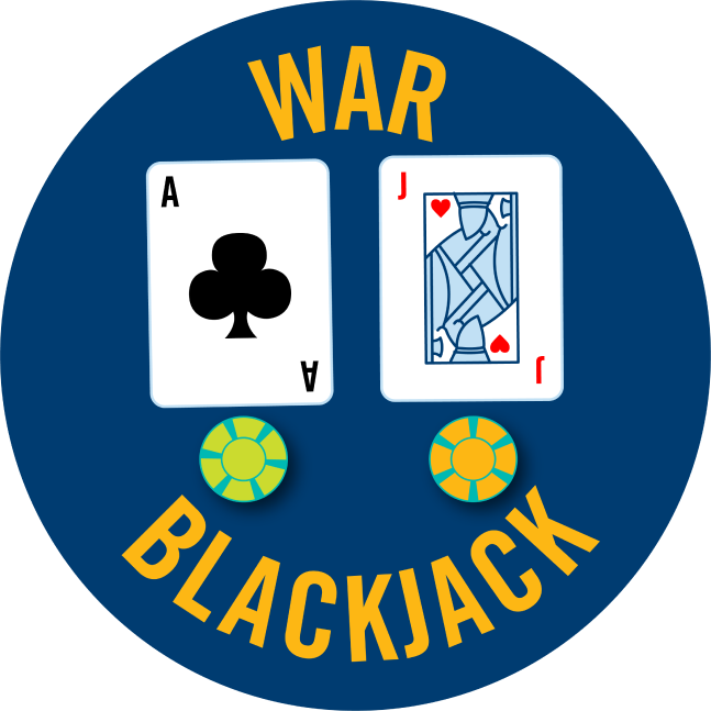 An Ace of clubs and a jack of hearts each with casino chips below it. War Blackjack is written around it.
