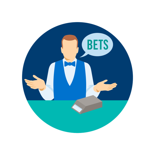 Un croupier avec une bulle de dialogue dans laquelle il y a le mot « Mises »