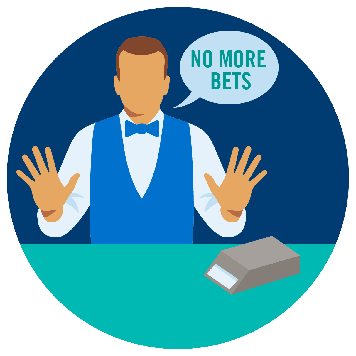 Un croupier qui lève les mains et dit « rien de va plus »