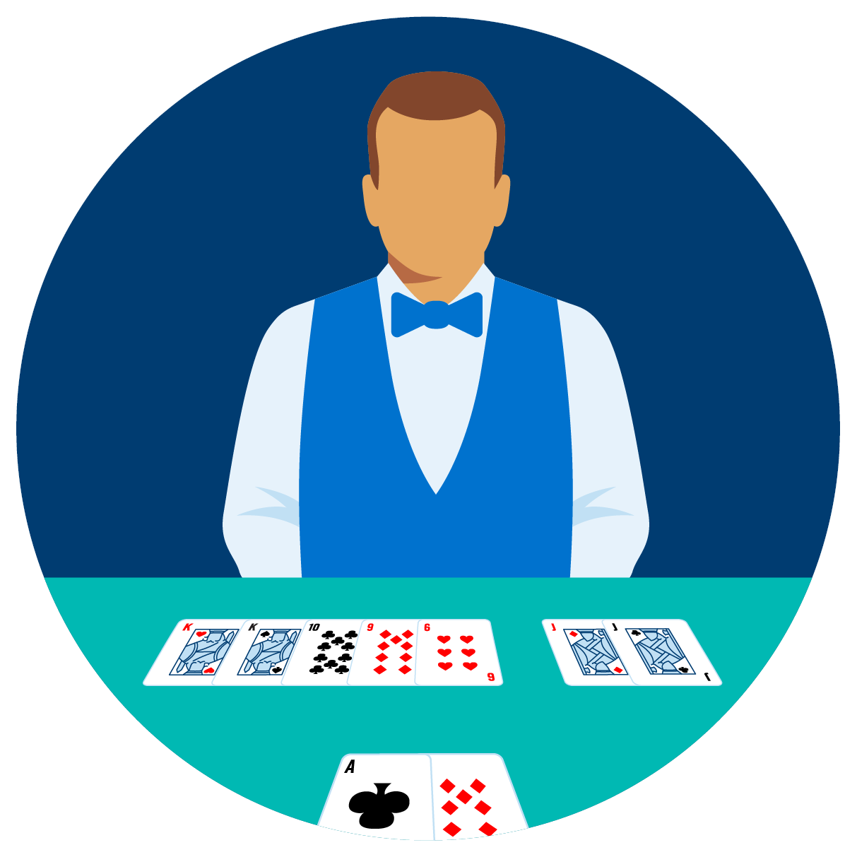 Les mains de cinq et de deux cartes du croupier sont placées face à la main de deux cartes du joueur.