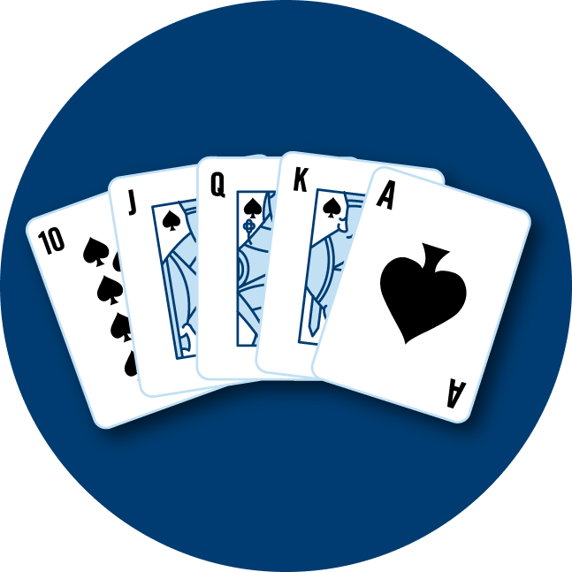 五张卡牌组成一副皇家同花顺，分别是一张10、J、Q， K和A。
