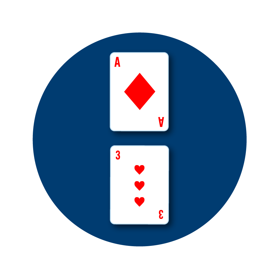 An Ace of diamonds on top of a three of hearts