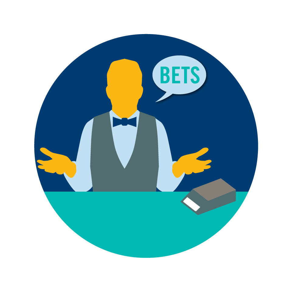 A dealer with a speech bubble that says “bets”