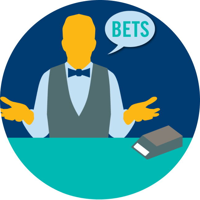 A dealer with a speech bubble that says “bets”