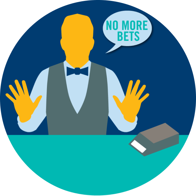 A dealer with both his hands up and a speech bubble that says “no more bets”