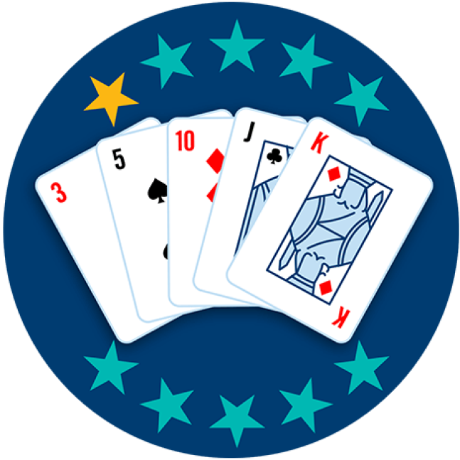 Five playing cards appear face up, showing a red 3, a 5 of Spades, 10 of Diamonds, a Jack of Clubs and a King of Diamonds. One out of 10 stars is highlighted, showing this hand ranks lowest overall.