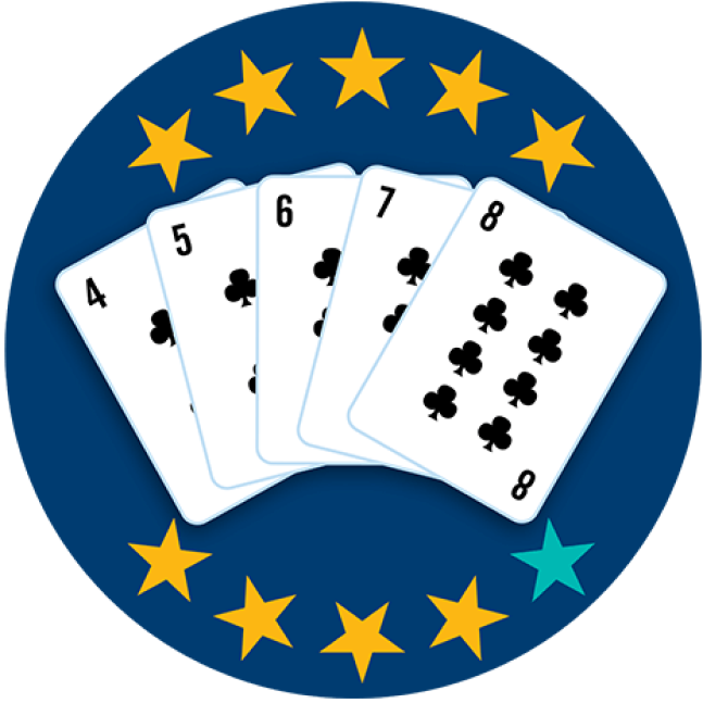 Five playing cards face up, showing 4, 5, 6, 7, and 8 of Clubs. Nine of 10 stars are highlighted, showing this hand ranks second highest overall.