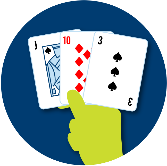 A hand holds three cards: a Jack of Spades, a 10 of diamonds and a 3 of spades.