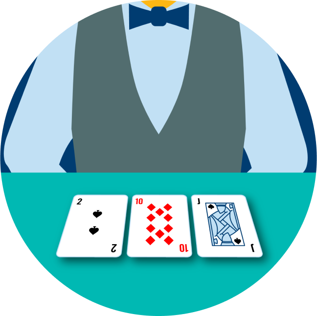 A dealer has three cards in front of them: a 2 of spades, a 10 of diamonds and a Jack of Spades.