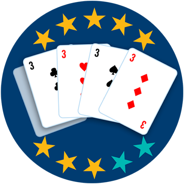 Four of 5 playing cards appear face up, showing the 3 of Clubs, 3 of Hearts, 3 of Spades, and 3 of Diamonds. Eight of 10 stars are highlighted, showing this hand ranks third highest overall.