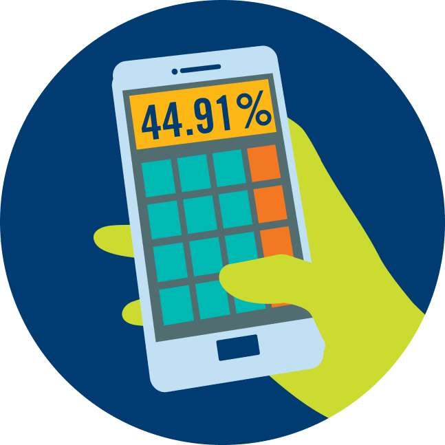 A hand holds a phone that shows a calculator on the screen. The calculator is displaying the number 44.91%.