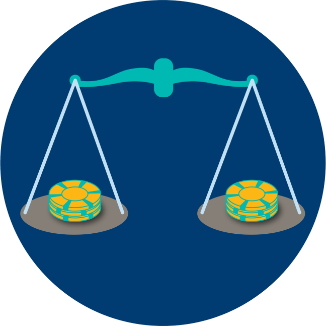 Two stacks of poker chips are shown to be balanced weights on a scale.