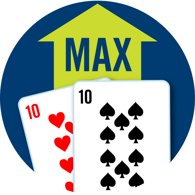 A pair of cards is shown: a 10 of hearts and a 10 of spades. Behind the cards is a green arrow pointing up with the word Max.