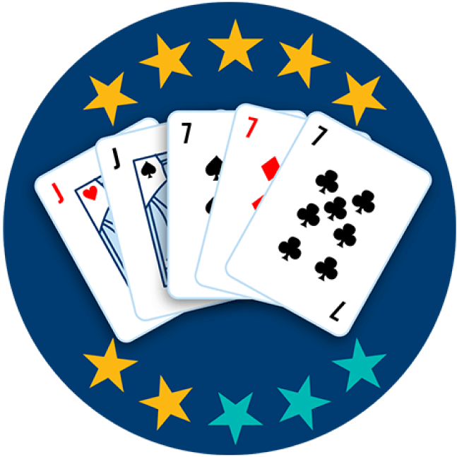 Five playing cards appear face up, showing the Jack of Hearts and the Jack of Spades, followed by the 7 of Spades, the 7 of Diamonds and the 7 of clubs. Seven out of 10 stars are highlighted, showing this hand ranks fourth highest overall.