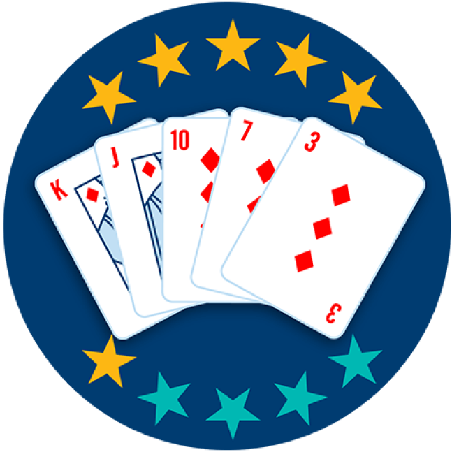 Five playing cards appear face up, showing the King, Jack, 10, 7 and 3 of Diamonds. Six out of 10 stars are highlighted, showing this hand ranks fifth highest overall.