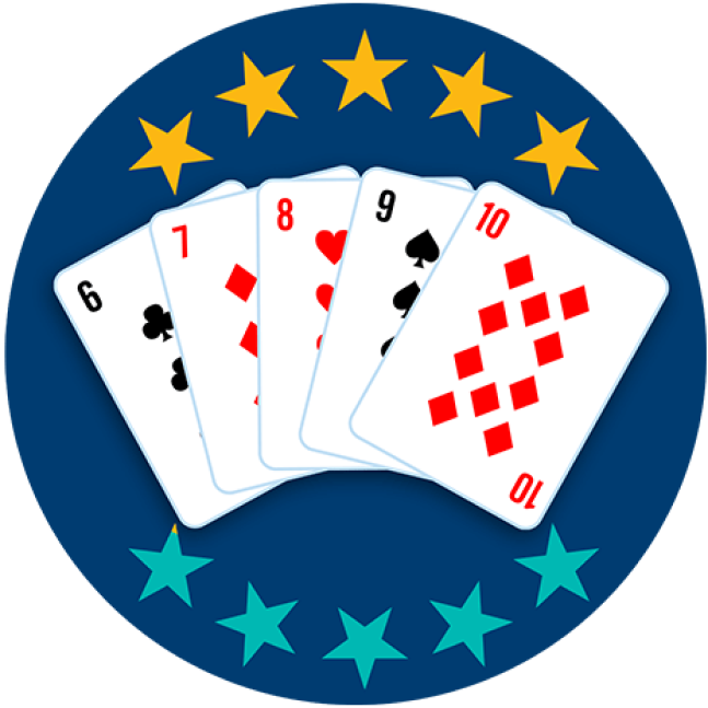 Five playing cards appear face up, showing the 6 of Clubs, 7 of Diamonds, 8 of Hearts, 9 of Spades and 10 of Diamonds. Five out of 10 stars are highlighted, showing this hand ranks fifth lowest overall.