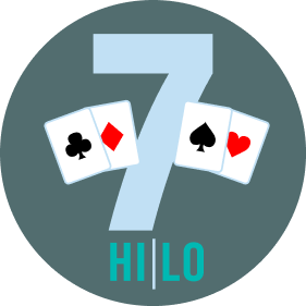 The number “7” has two cards on each side. On the left is a card with clubs, then one with a diamond symbol. On the right is a card with a spade, then one with a heart symbol. On the bottom, it reads Hi/Lo.