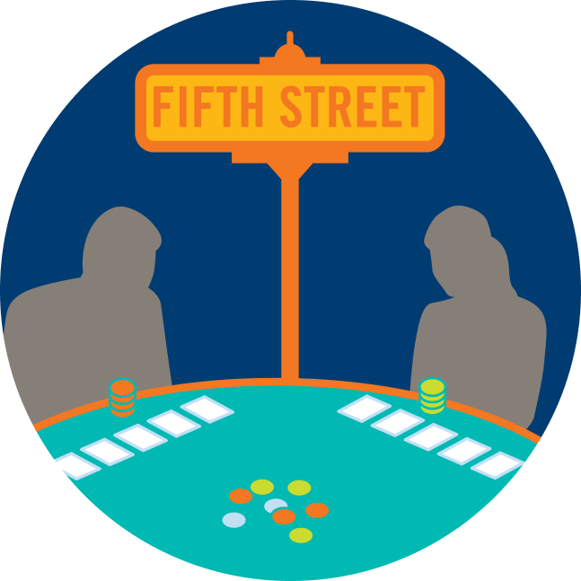 A street sign that says “Fifth Street” stands in the middle of two players.