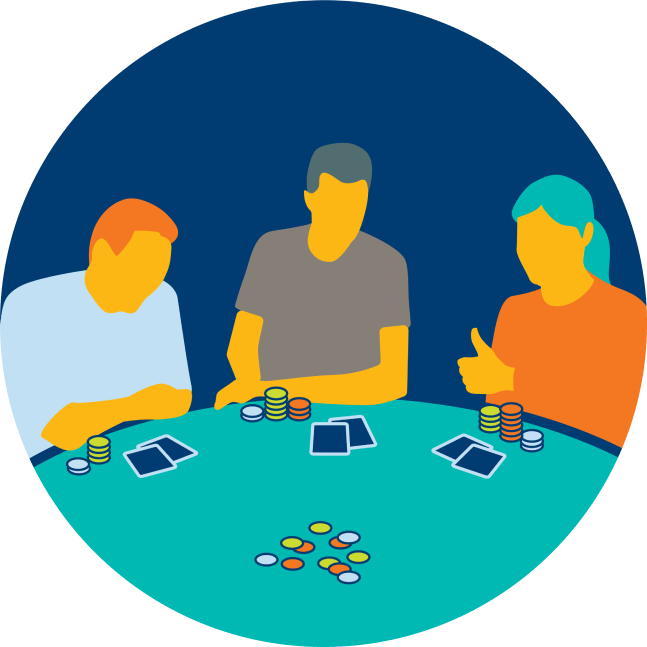 Three players sit in a circle. The right most player has their thumb up.