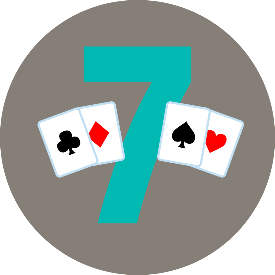 The number “7” has two cards on each side. On the left is a card with clubs, then one with a diamond symbol. On the right is a card with a spade, then one with a heart symbol.