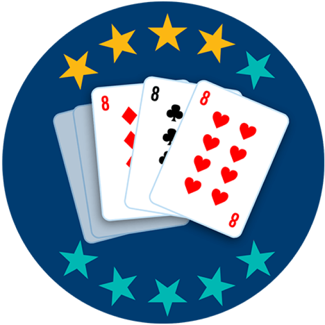 Three out of 5 playing cards appear face up, showing the 8 of Diamonds, 8 of Clubs and 8 of Hearts. Four out of 10 stars are highlighted, showing this hand ranks fourth lowest overall.