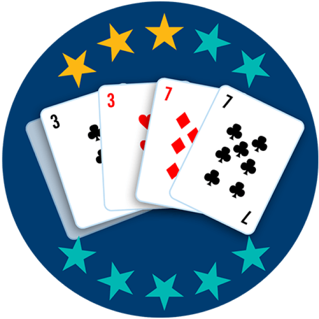 Four out of 5 playing cards appear face up, showing the 3 of clubs and the 3 of hearts alongside the 7 of diamonds and the 7 of clubs. Three out of 10 stars are highlighted, showing this hand ranks third lowest overall.