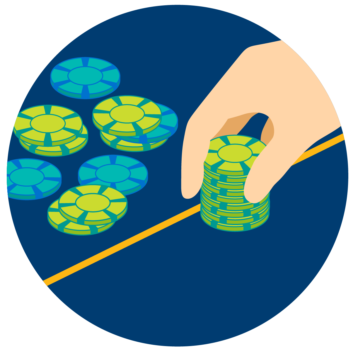 A hand places a stack of chips across a line, into the middle of the table.