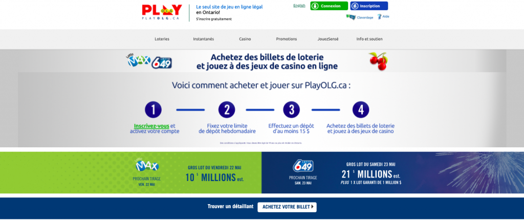 La page d’accueil de PlayOLG, qui montre les étapes à suivre pour jouer à la loterie en ligne.