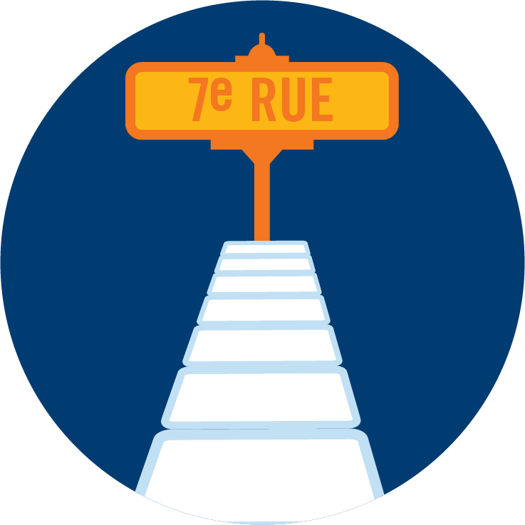 Une plaque de rue sur laquelle est indiqué « septième rue » se trouve à la fin d’une rangée de cartes.