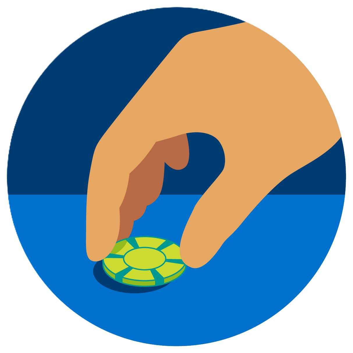 A hand places a poker chip near a pile of poker chips.