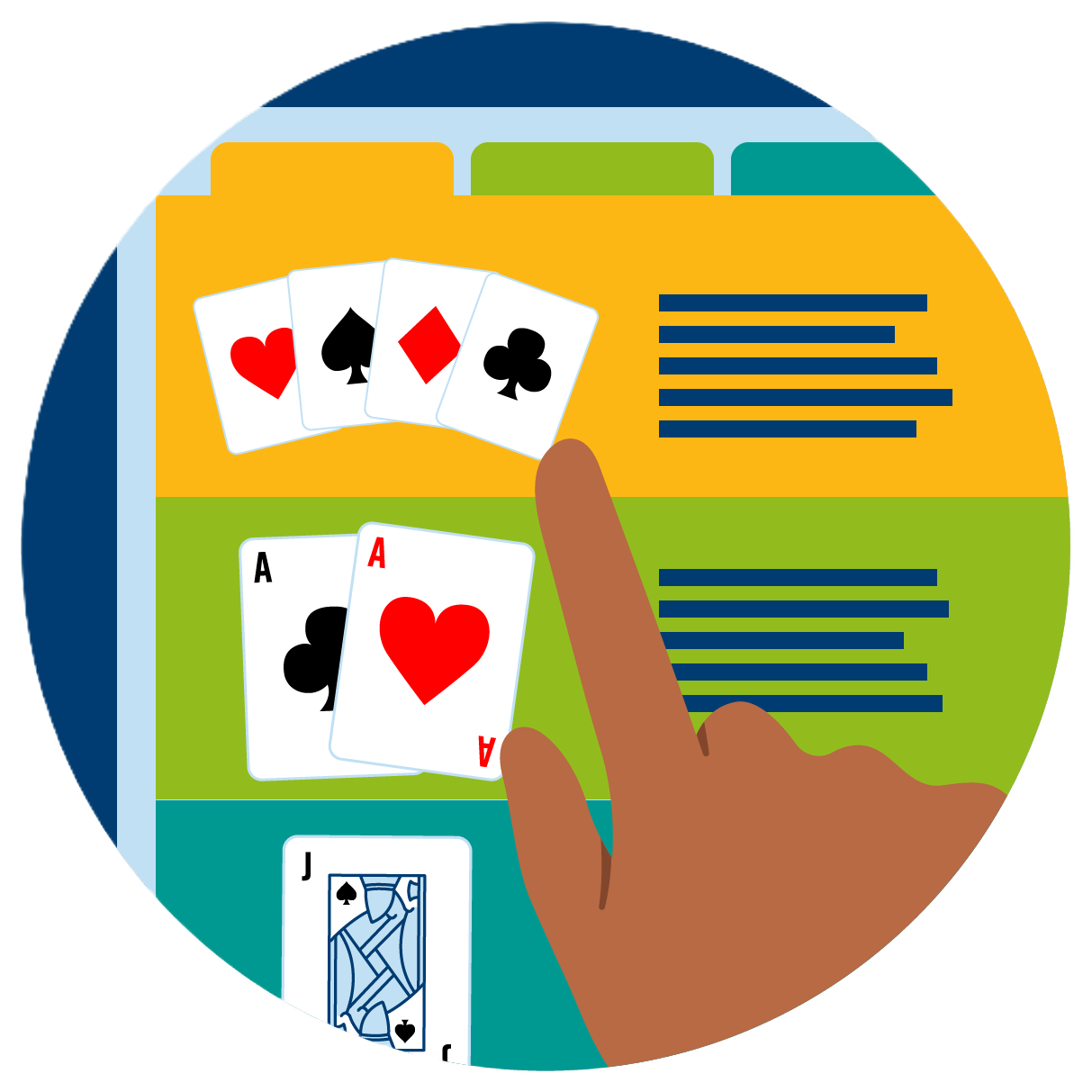 A catalogue of games is shown with a finger pointing at the first option showing 4 cards from each suit.