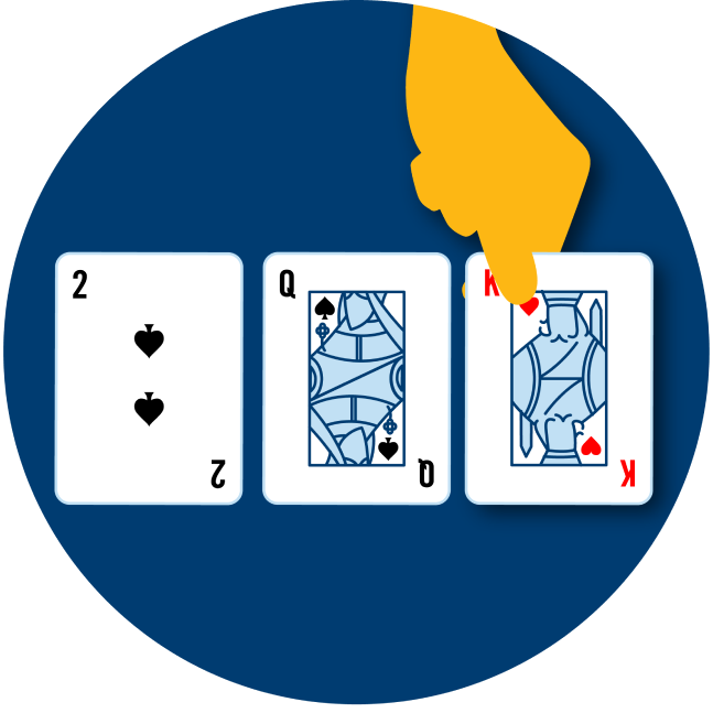 Three cards are shown face up: a 2 of spades, a Queen of Spades, a King of Hearts.