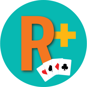 A letter “R” has a plus sign in front of it with a card from every suit.