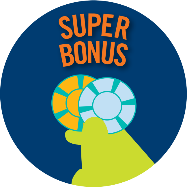 A hand holds two poker chips. Above it, it reads “Super Bonus”
