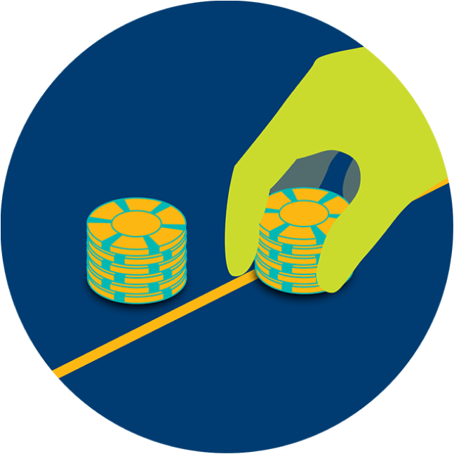 A hand places a stack of chips across a line, next to an existing stack of chips of the same amount.