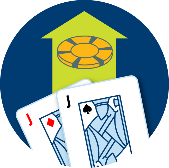 Two cards are shown: a Jack of Diamonds and a Jack of Spades. An arrow is shown with a poker chip.