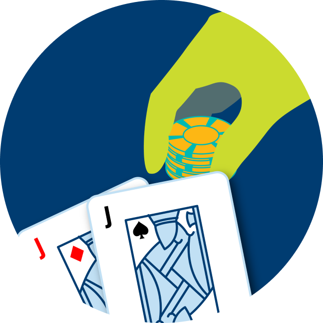 Two cards are shown: a Jack of Diamonds and a Jack of Spades. A hand is shown placing poker chips down.